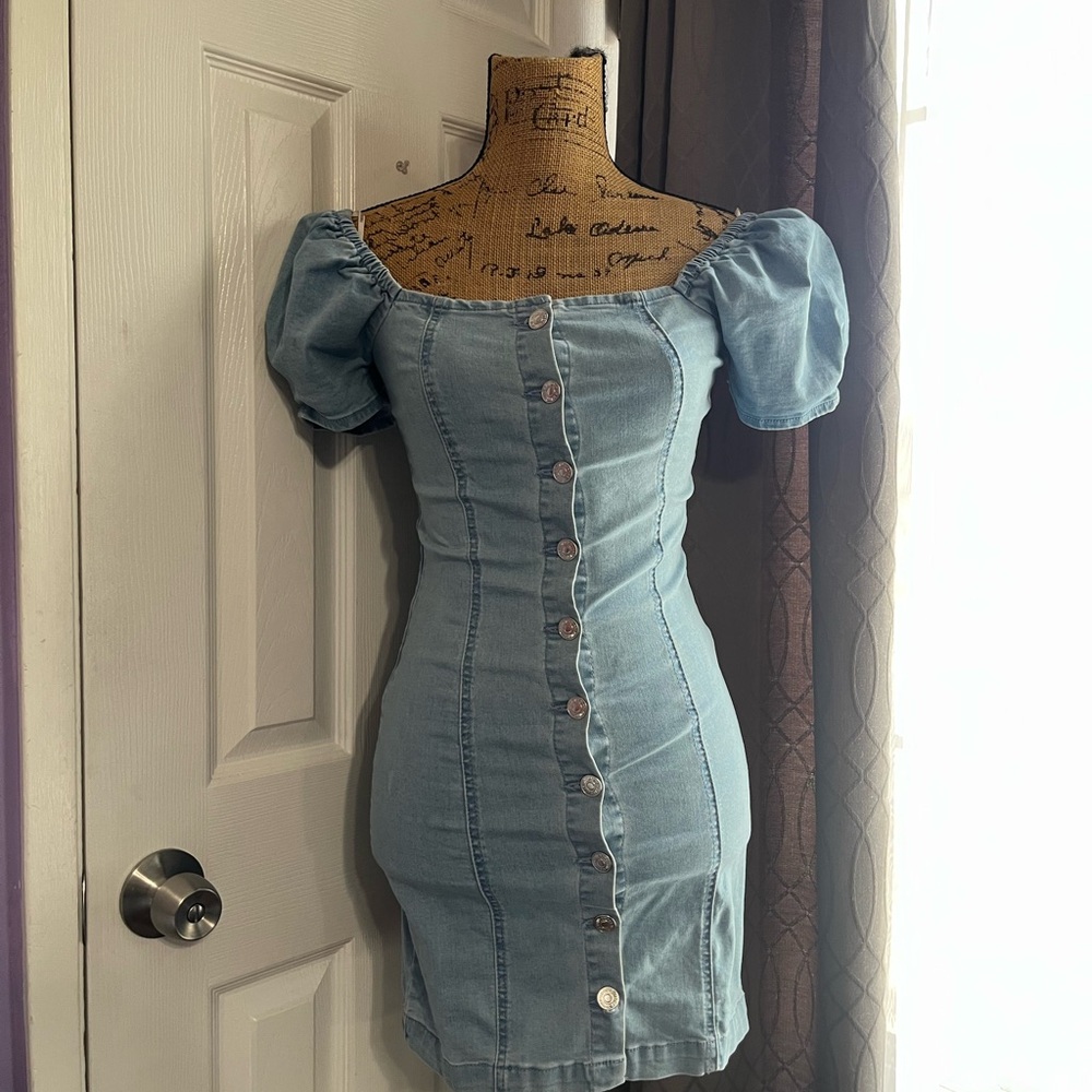 Denim Puff Sleeve Button-Down Dress